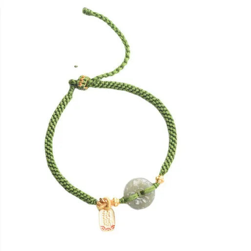Women's corn knot Hetian jade safety buckle bracelet with hand-woven flexible wire and green rope design