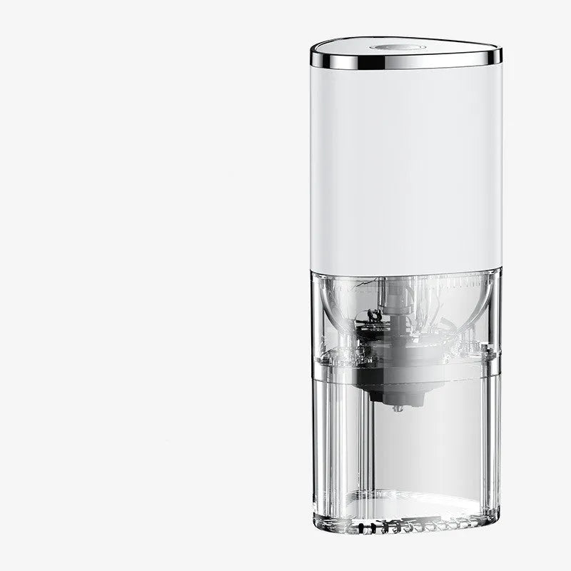 Electric ceramic burr coffee grinder in frosted white or black with USB charging cable
