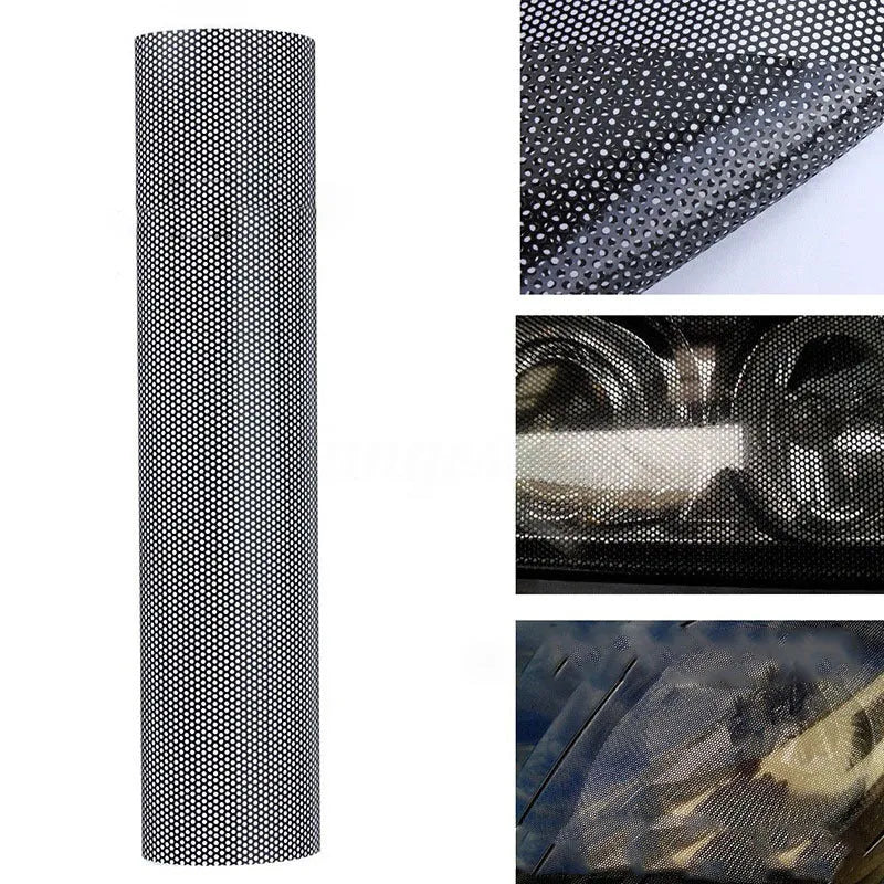 Plastic automotive colour changing film showing perforated mesh pattern and 30x106cm dimensions