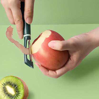Stainless steel vegetable peeler with PP handle in aquamarine colour showing blade and grater functions