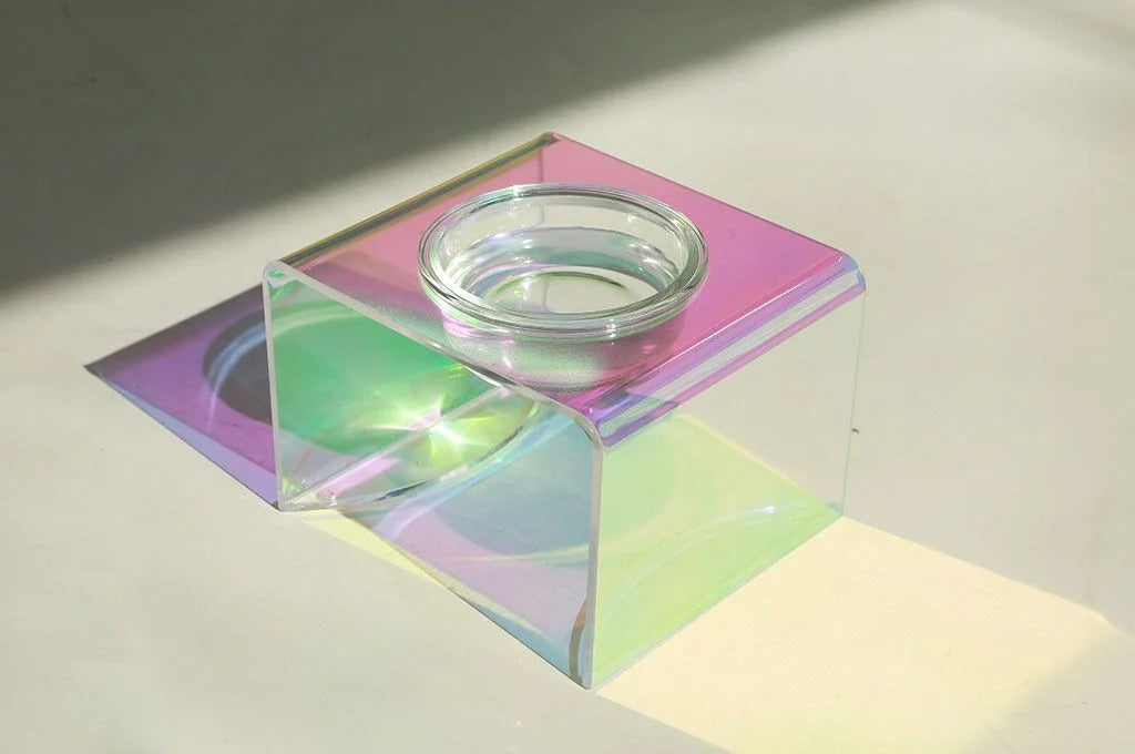 Dazzling holographic acrylic pet bowl for small dogs and cats with anti-slip base
