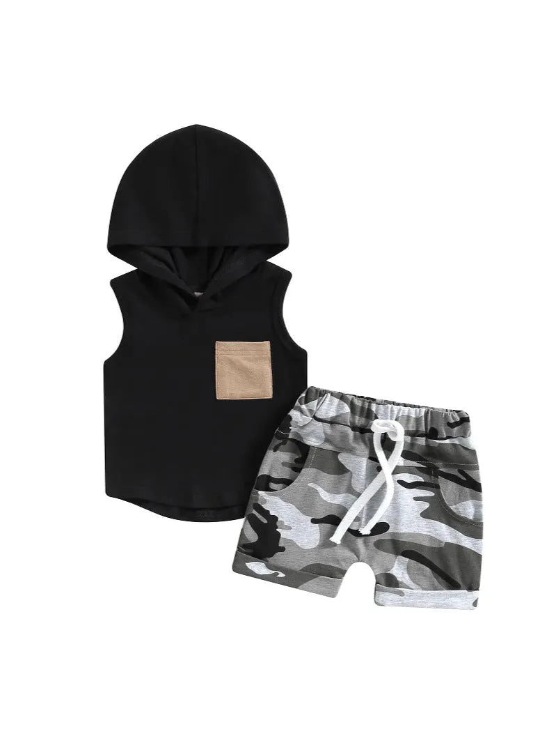 Boys' black hooded vest and shorts set in knitted cotton, sizes 70cm to 110cm, two-piece outfit
