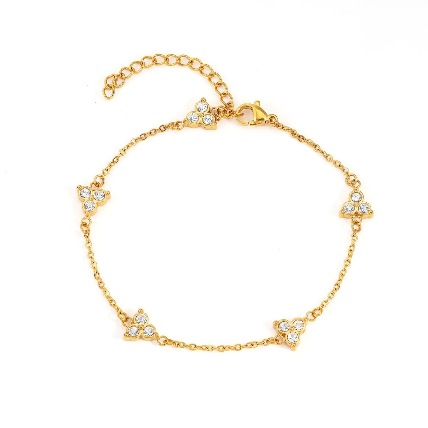 Women's stainless steel bracelet with three triangle-shaped charms in different coloured stone settings