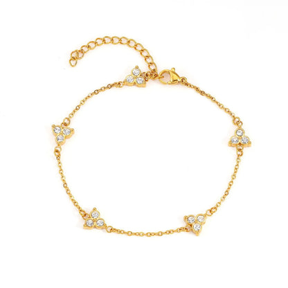 Women's stainless steel bracelet with three triangle-shaped charms in different coloured stone settings
