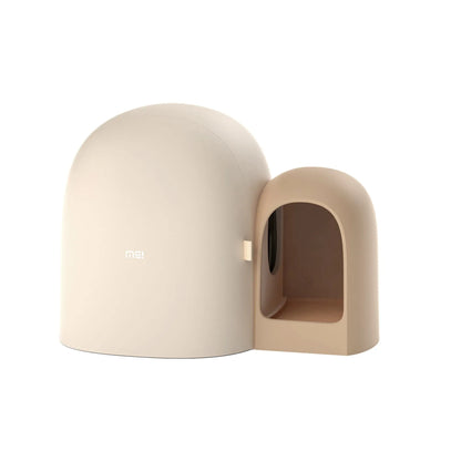 Oversized fully enclosed cat litter box in moss green, showing roof and entryway.