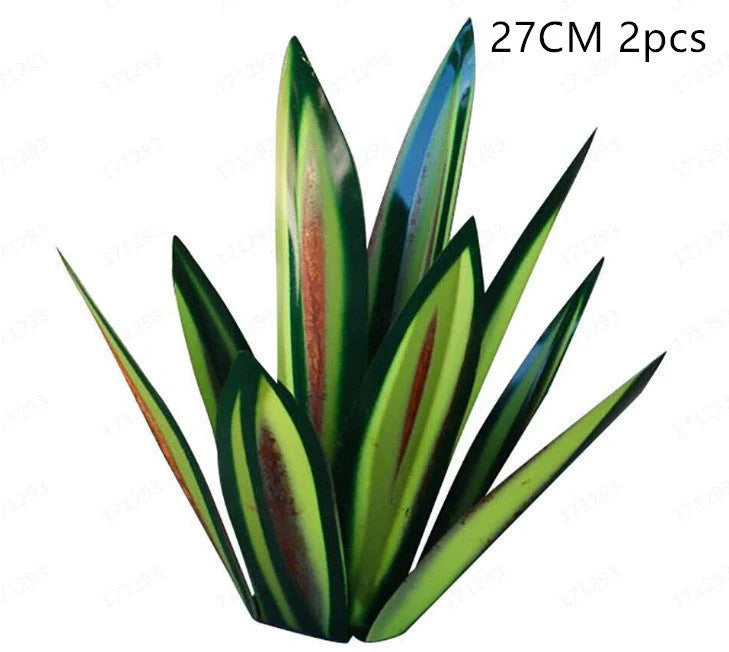 Handmade rustic tequila agave metal sculpture with blue highlights for garden or home decor