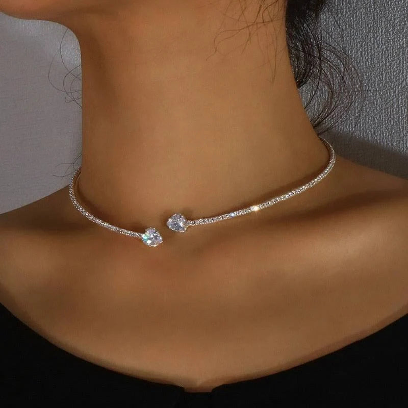 Silver Rhinestone Heart Collar Choker Necklace for Women with pearl chain