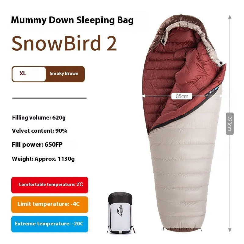 Mummy-style goose down sleeping bag with storage bag, available in 12 specifications from 350g to 1090g fill weight