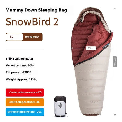 Mummy-style goose down sleeping bag with storage bag, available in 12 specifications from 350g to 1090g fill weight