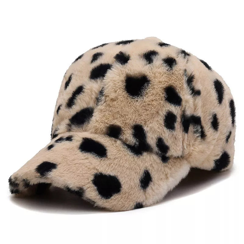 Adjustable leopard fleece baseball cap in various prints for winter wear