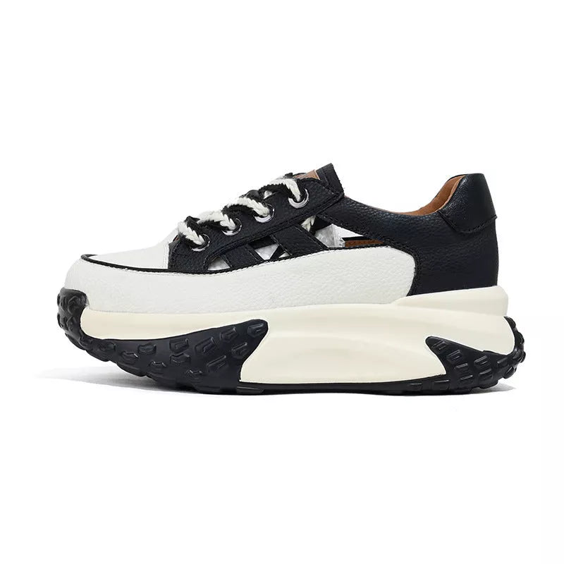 Women's retro thick-soled hollow sneakers in black, white, red, and yellow