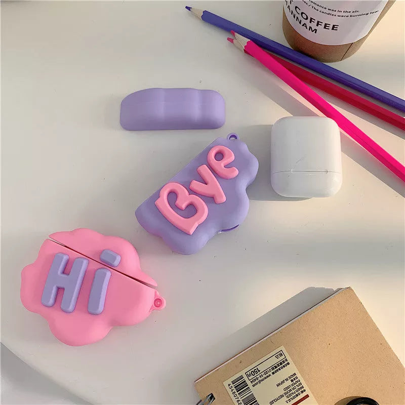 3D HI BYE Cloud Letter Cartoon Silicone Case for AirPods in pink and purple