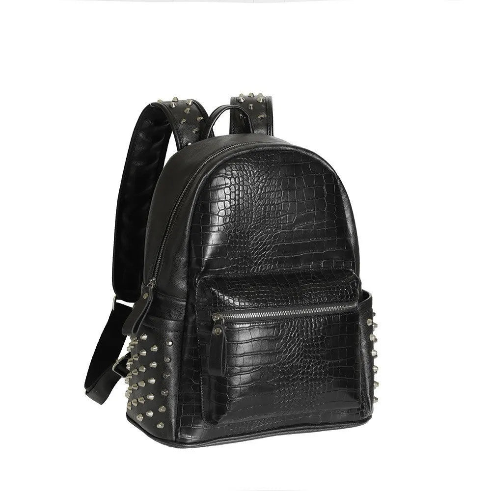 Black men's waterproof computer schoolbag with oil wax leather and rivet detailing.