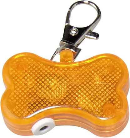 Blue LED bone-shaped pet pendant attached to a collar, showing dimensions of 4cm by 3cm