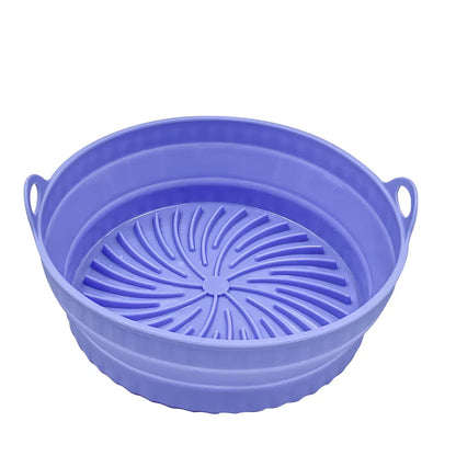 Square and round silicone air fryer liners with non-slip base in five colours including grey and pink