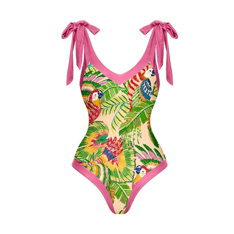 Pink floral print women's retro swimsuit with V-neck and attached thin skirt cover