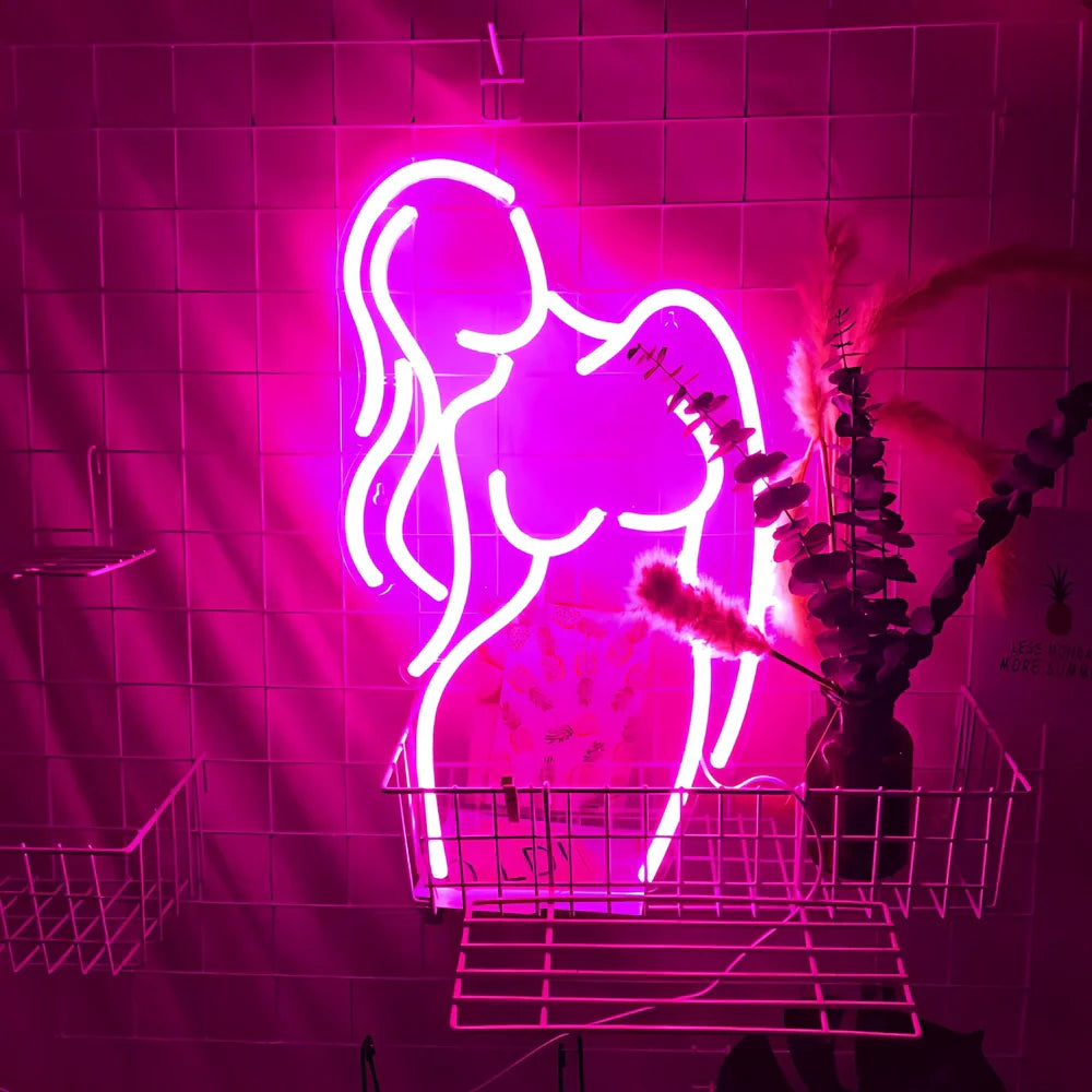 Pink acrylic LED neon wall sign measuring 25cm wide with USB cable connection