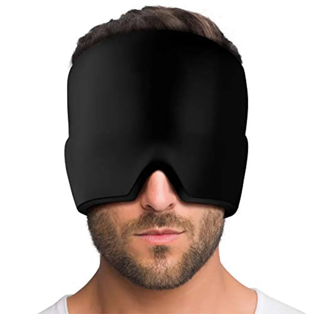Black elastic gel headache relief mask laid flat showing eye contours and adjustable headband.