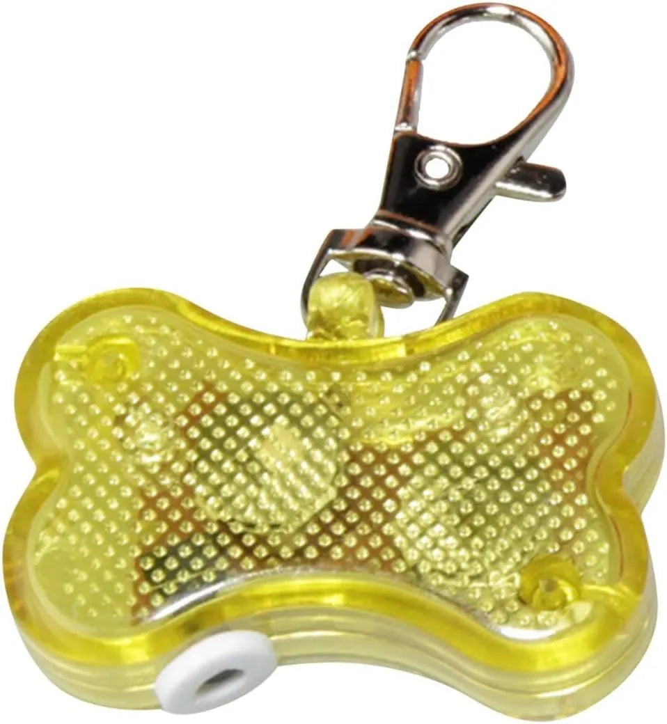 Blue LED bone-shaped pet pendant attached to a collar, showing dimensions of 4cm by 3cm