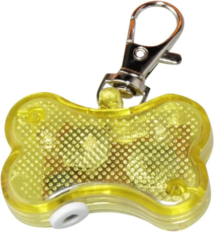 Blue LED bone-shaped pet pendant attached to a collar, showing dimensions of 4cm by 3cm