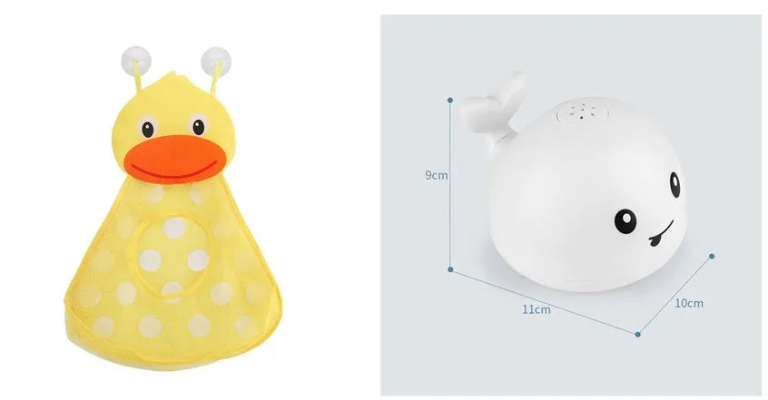 Automatic water-spraying whale bath toy with colourful lights floating in bath water.