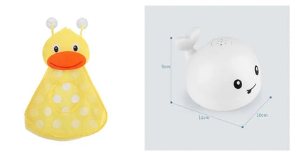 Automatic water-spraying whale bath toy with colourful lights floating in bath water.