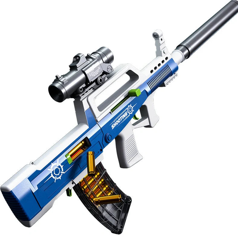 Blue assault rifle simulation toy gun with shell ejection mechanism and pull-action operation