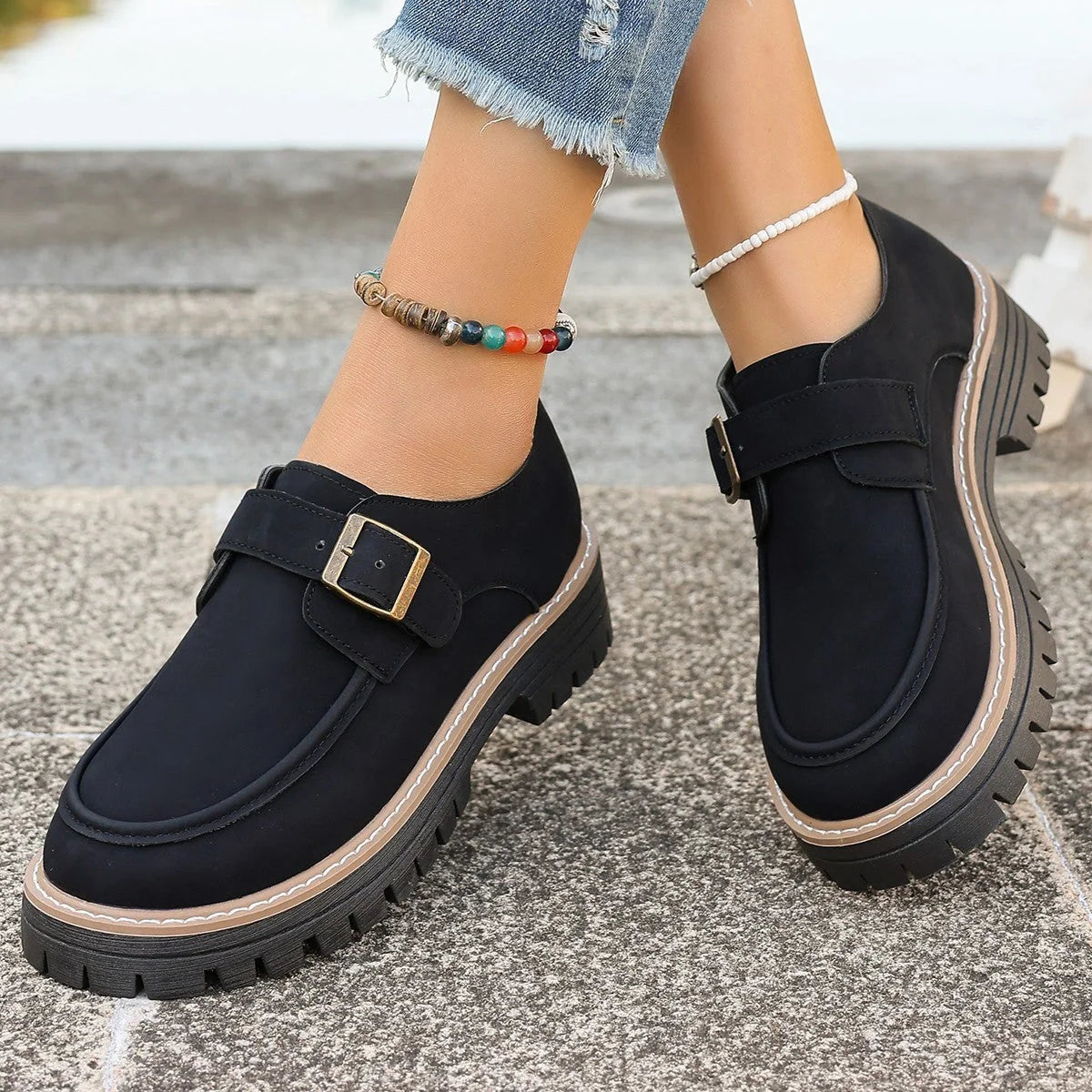 Stylish women's buckle loafers with thick sole for height increase