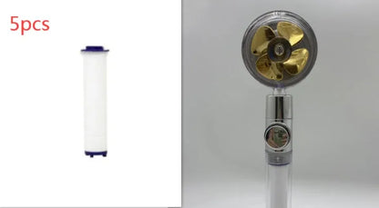 Chrome-finished ABS plastic water-saving shower head with a round, rotating spray head.