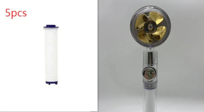 High-performance water-saving shower head with 360-degree rotation and fan feature, offering a luxurious shower experience