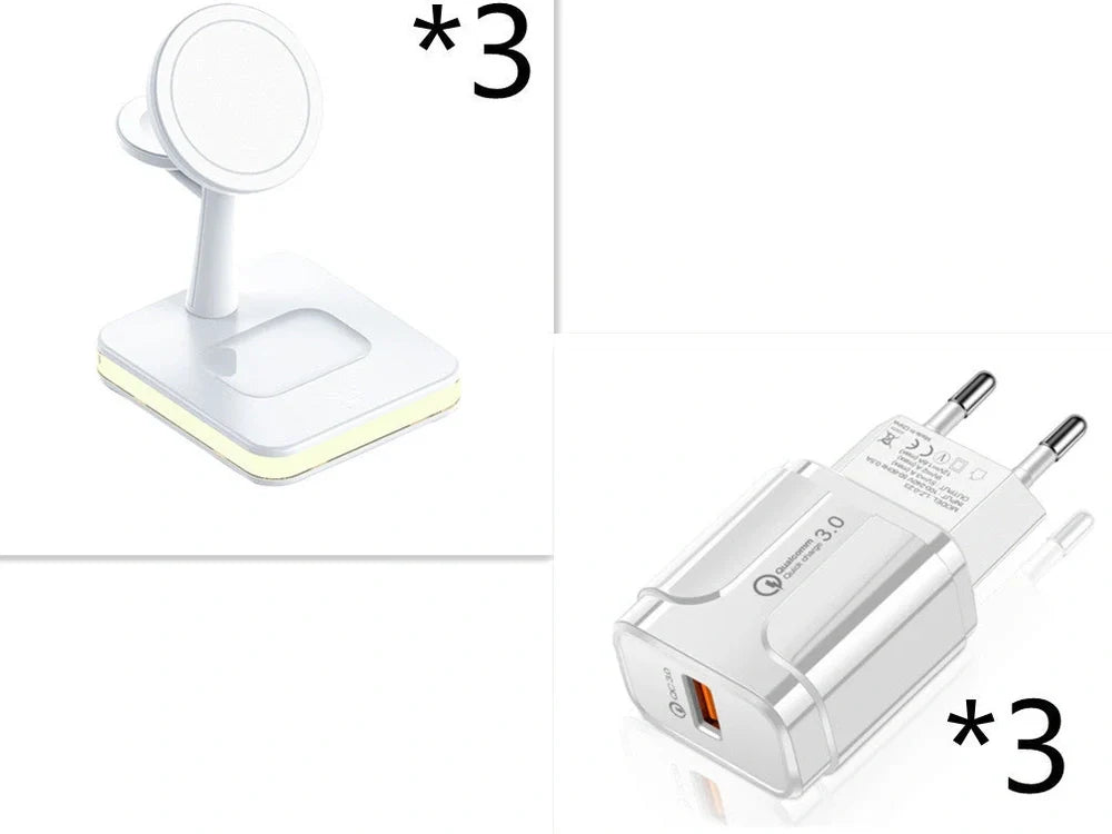 Black three-in-one wireless charger magnetic bracket on a desk charging multiple devices