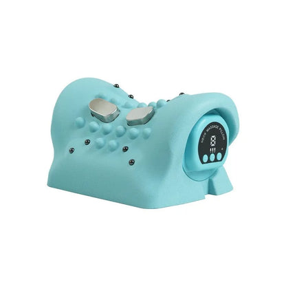 Blue-green portable cervical massage pillow with EMS pulse, hot compress and vibration functions