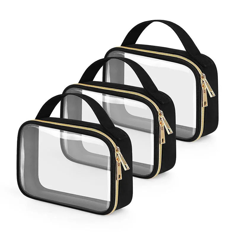 Transparent PVC lipstick storage wash bag with detachable chain showing cosmetic organisation