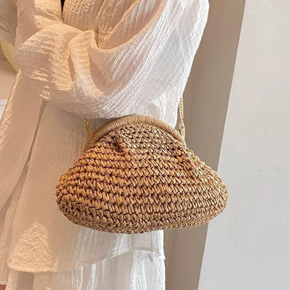 Women's paper straw beach shoulder bag in khaki colour with chain decorative elements