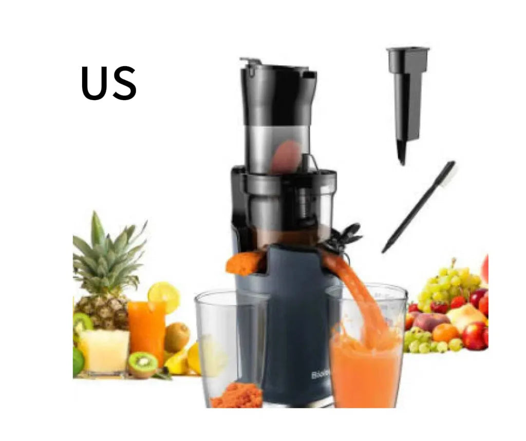 Large diameter low speed juicer with 200W motor, plastic body, and UK plug option