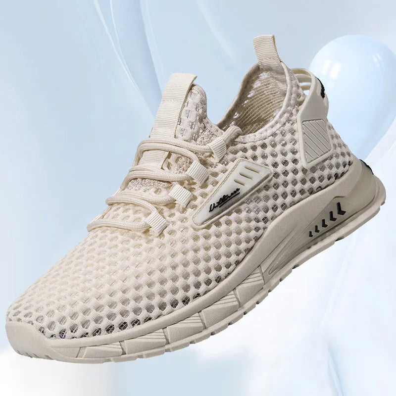 Men's beige mesh breathable sneakers with synthetic leather upper and lace-up closure