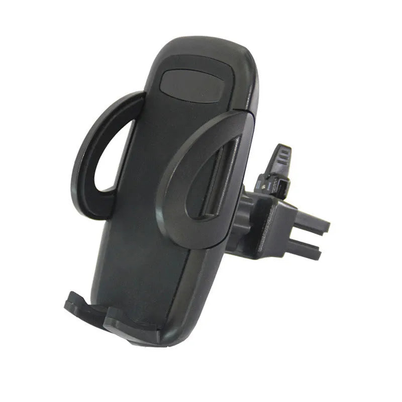 Black plastic mobile phone holder attached to a car air conditioning vent.