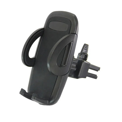 Black plastic mobile phone holder attached to a car air conditioning vent.