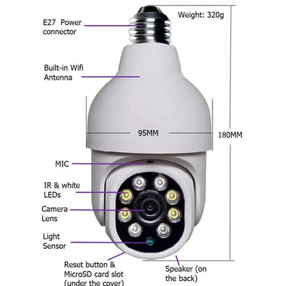 White wireless WIFI security camera with pan-tilt base showing 1080P HD resolution and 0.1 lux low-light capability