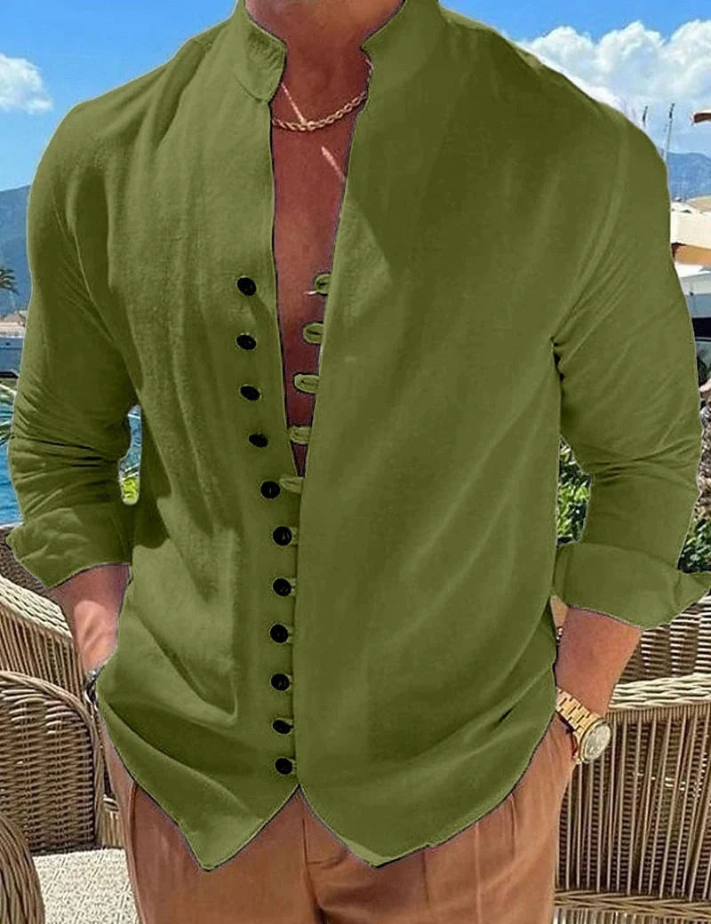 Retro-inspired button-down long-sleeve casual shirt in a variety of classic colors for men