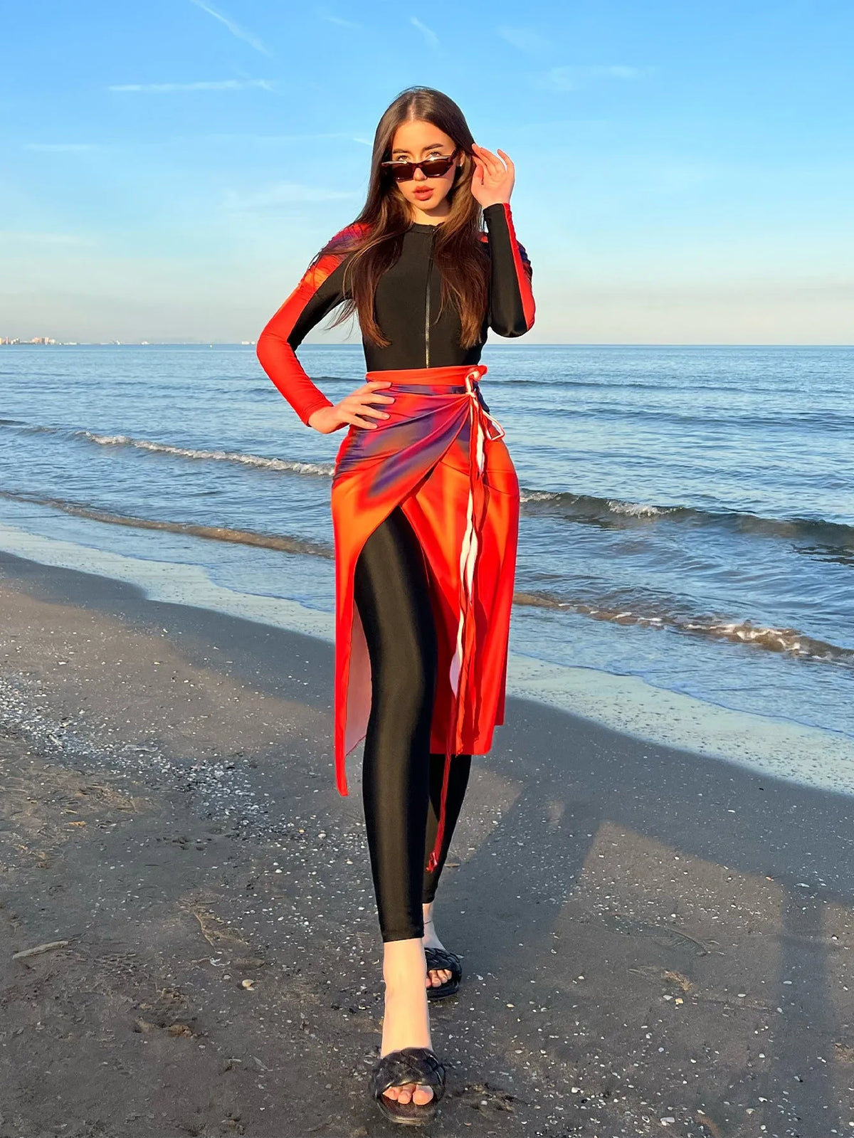 Women's conservative style three-piece polyester bikini set in colour 427 on a mannequin.