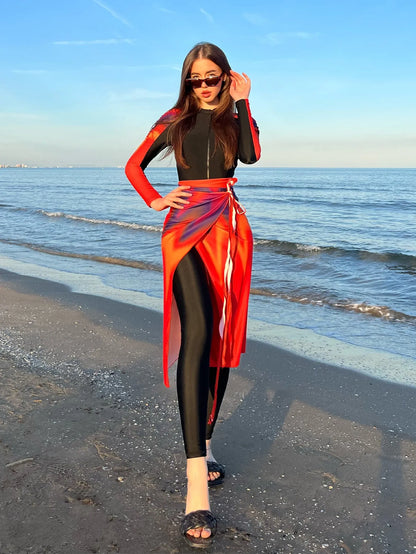 Women's conservative style three-piece polyester bikini set in colour 427 on a mannequin.