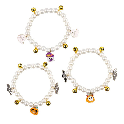 Halloween cat collar with simulated pearls and pumpkin-shaped charms in purple ghost, skull, and smiling designs.