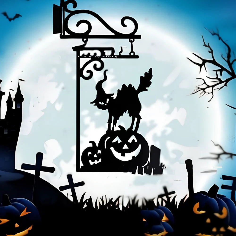 Halloween courtyard metal decorations with four silhouette designs including witch, cat, ghost, and broom measuring 26x18cm