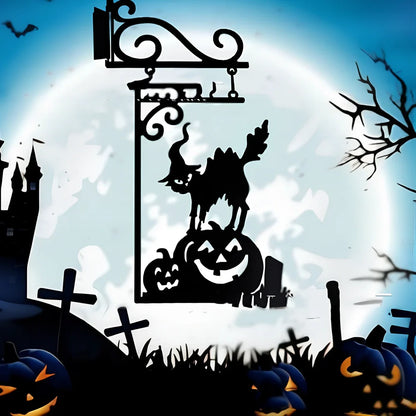 Halloween courtyard metal decorations with four silhouette designs including witch, cat, ghost, and broom measuring 26x18cm