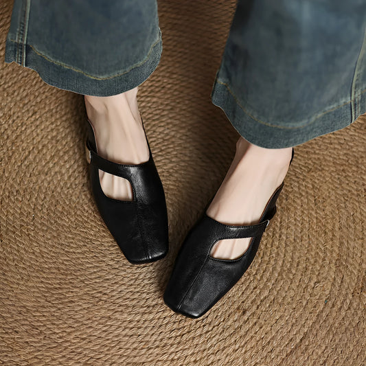 Low heel square toe outdoor slippers in artificial PU material with rubber sole