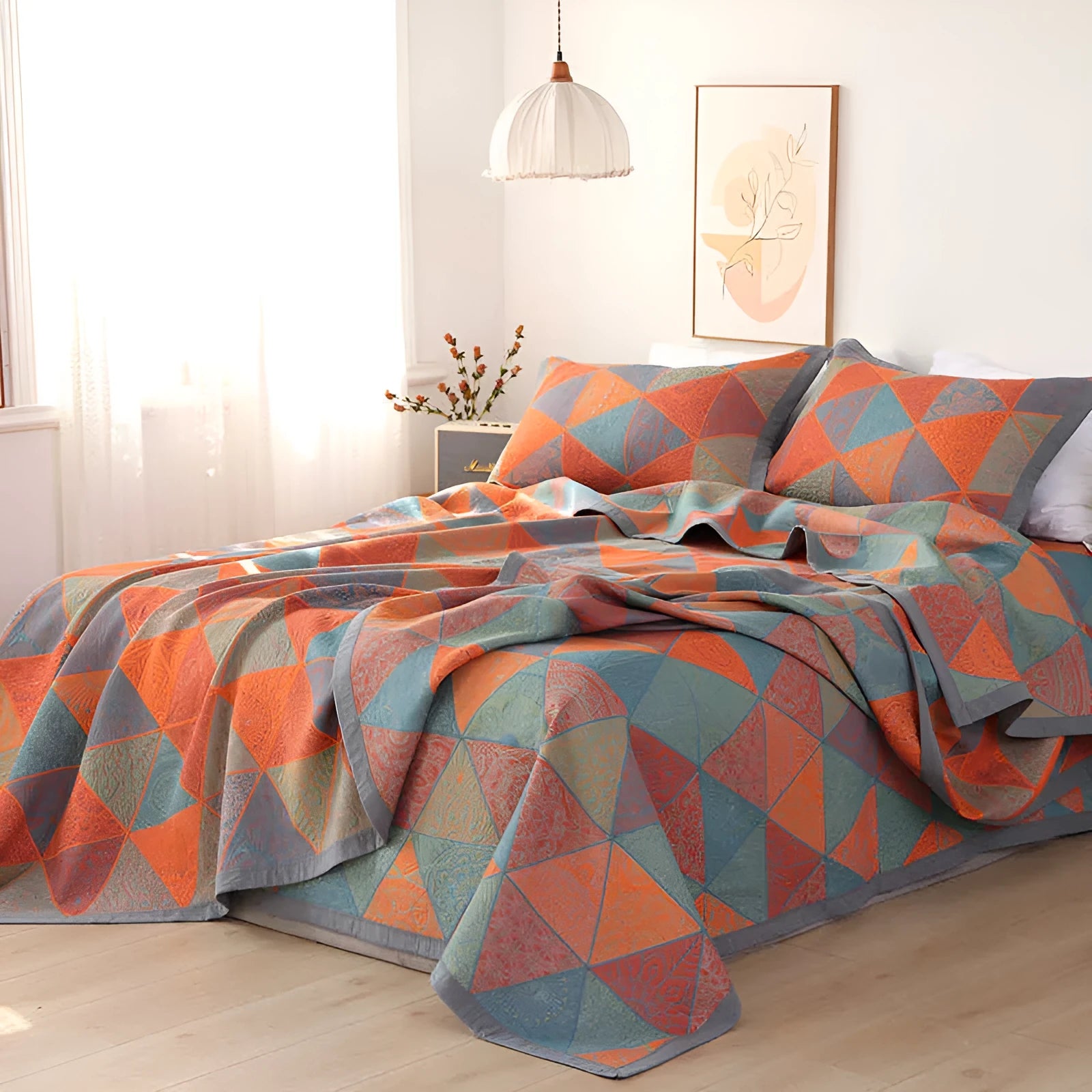 Three-piece cotton gauze bed set with floral print, showing blanket and pillowcases on a bed.