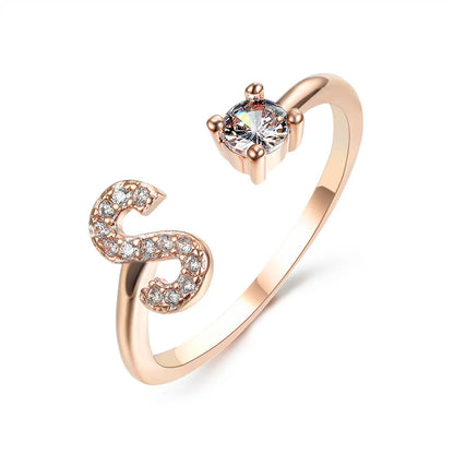 Personalized Initial Letter Adjustable Ring made of copper alloy and zircon, showcasing a vintage-inspired design