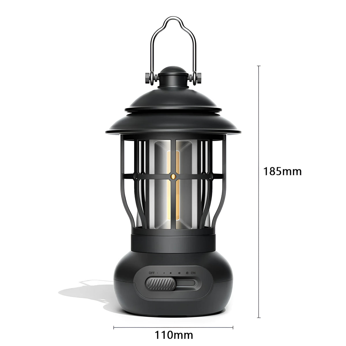 Black vintage-style iron camping lantern with USB charging and LED light, for tent and campsite use.
