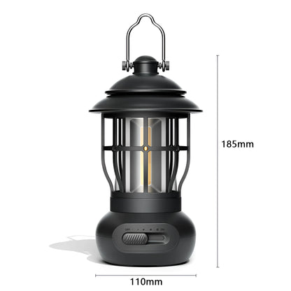 Black vintage-style iron camping lantern with USB charging and LED light, for tent and campsite use.
